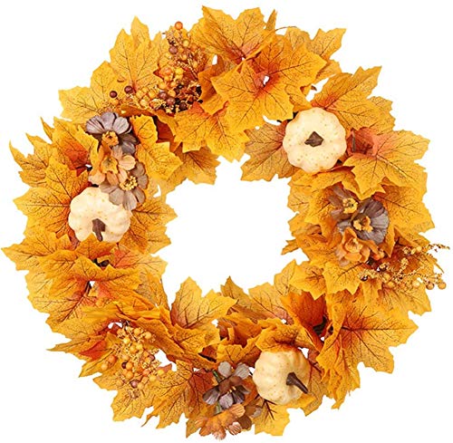 Thanksgiving Wreath Autumn Simulation Wreath Garland Rattan Pumpkin Maple Leaf Garland for Christmas Thanksgiving Hanging Decoration