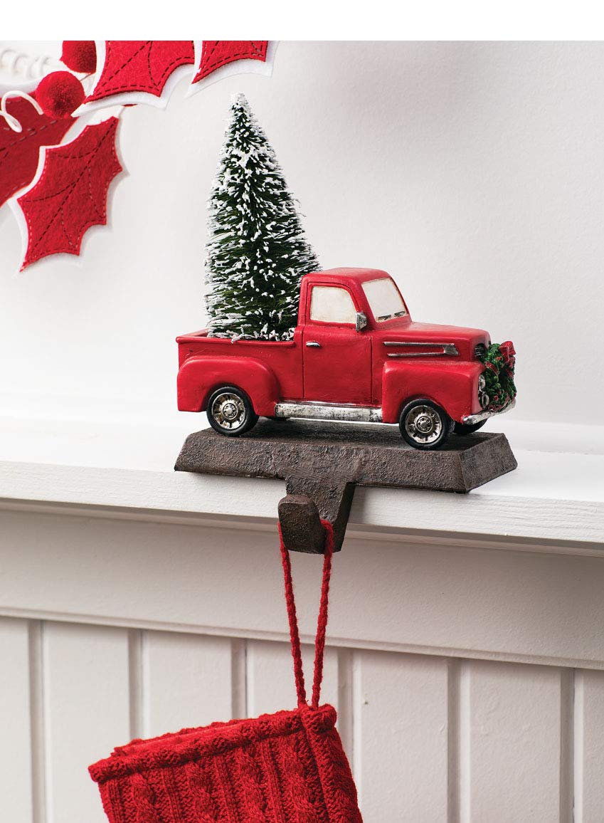 Sullivans Little Red Truck Holding a Christmas Tree Stocking Holders for Mantel, Christmas Stocking Holder for Fireplace, Stocking Hooks for Fireplace Stocking Holders for Holiday Decoration