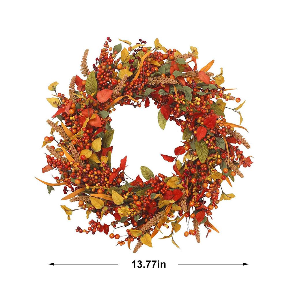 Ochine Fall Wreath Autumn Wreath Fall Decor, Pumpkin Wreath Fall Leaves Artificial Autumn Harvest Wreath with Cape Gooseberries and Berries Fall Decoration for Front Door Wall Window Home Decor