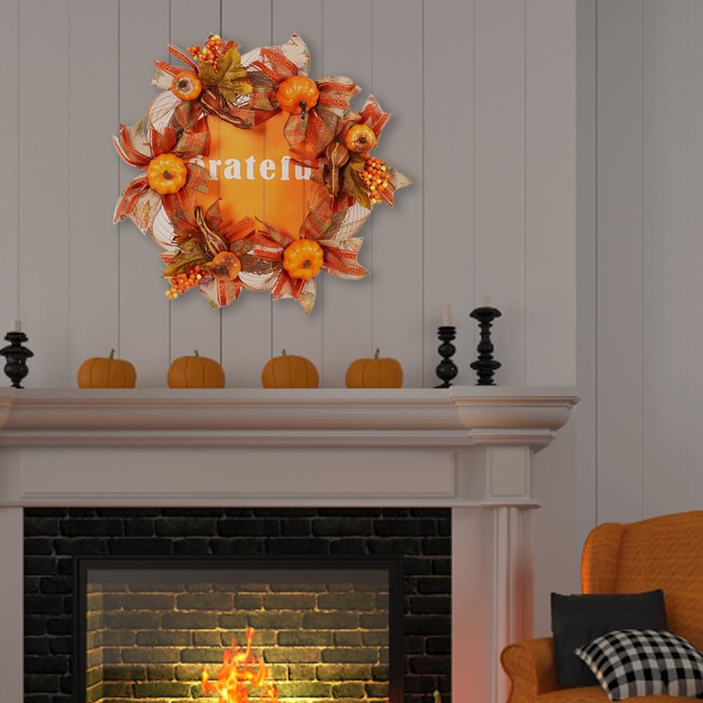 Ochine Fall Wreath Autumn Wreath Fall Decor, Pumpkin Wreath Fall Leaves Artificial Autumn Harvest Wreath with Cape Gooseberries and Berries Fall Decoration for Front Door Wall Window Home Decor