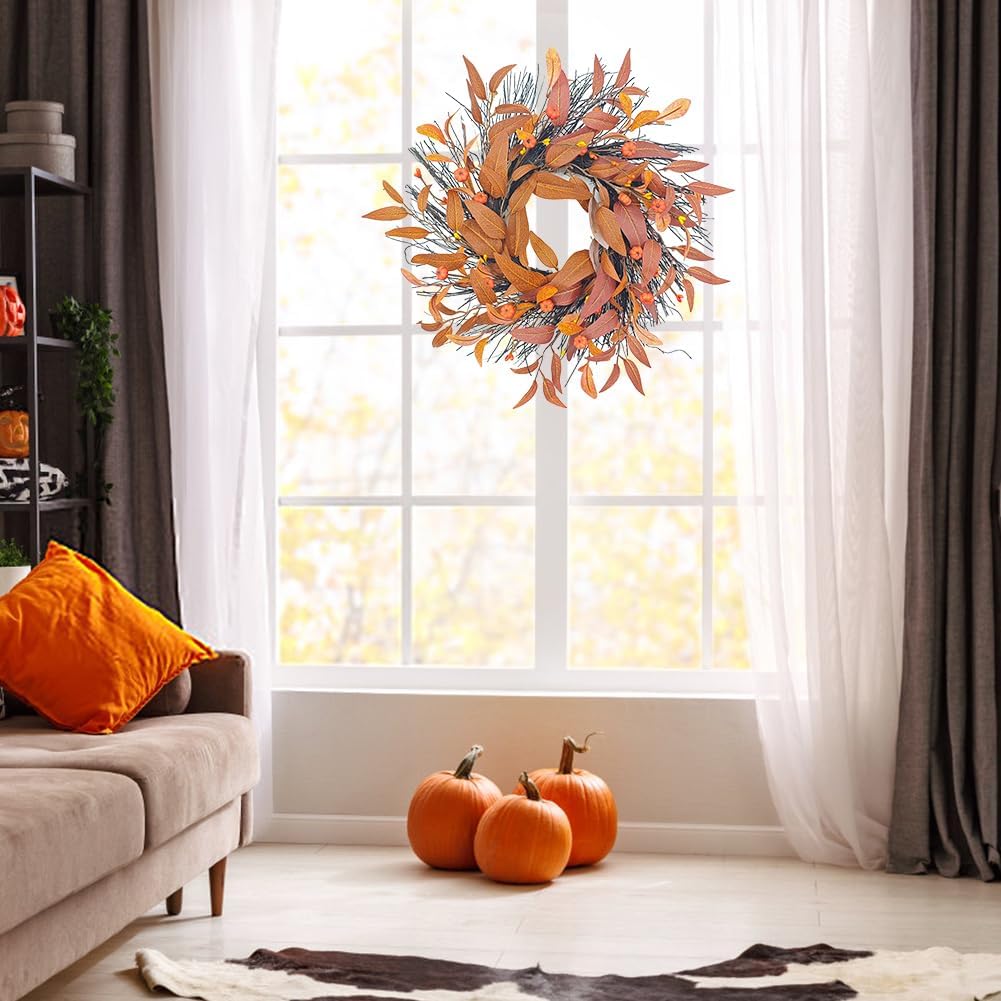 Small Pumpkin Wreath Front Door Wreath Withered Leaf Wreath Decoration Simulated Leaf Vine Pumpkin Wreath for Autumn Thanksgiving Harvest Courtyard Door Wall Tree Hanging Ornament, 16.93in