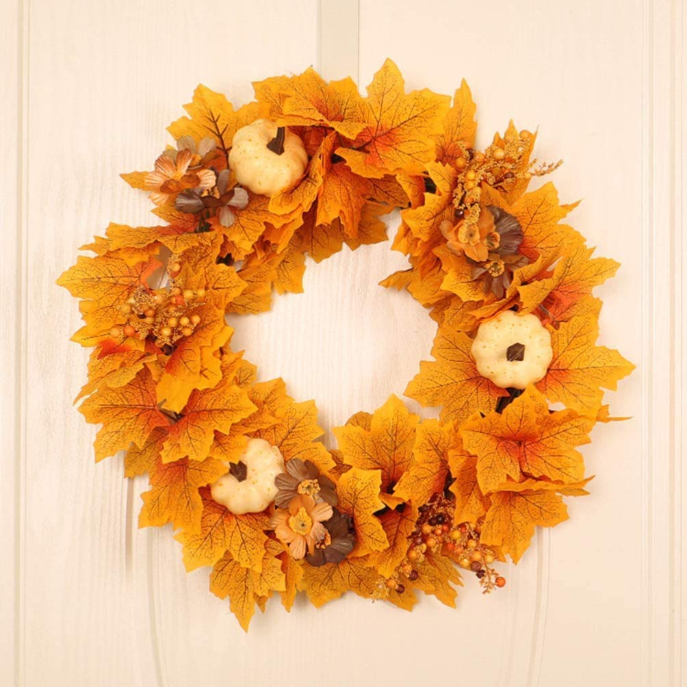 Thanksgiving Wreath Autumn Simulation Wreath Garland Rattan Pumpkin Maple Leaf Garland for Christmas Thanksgiving Hanging Decoration