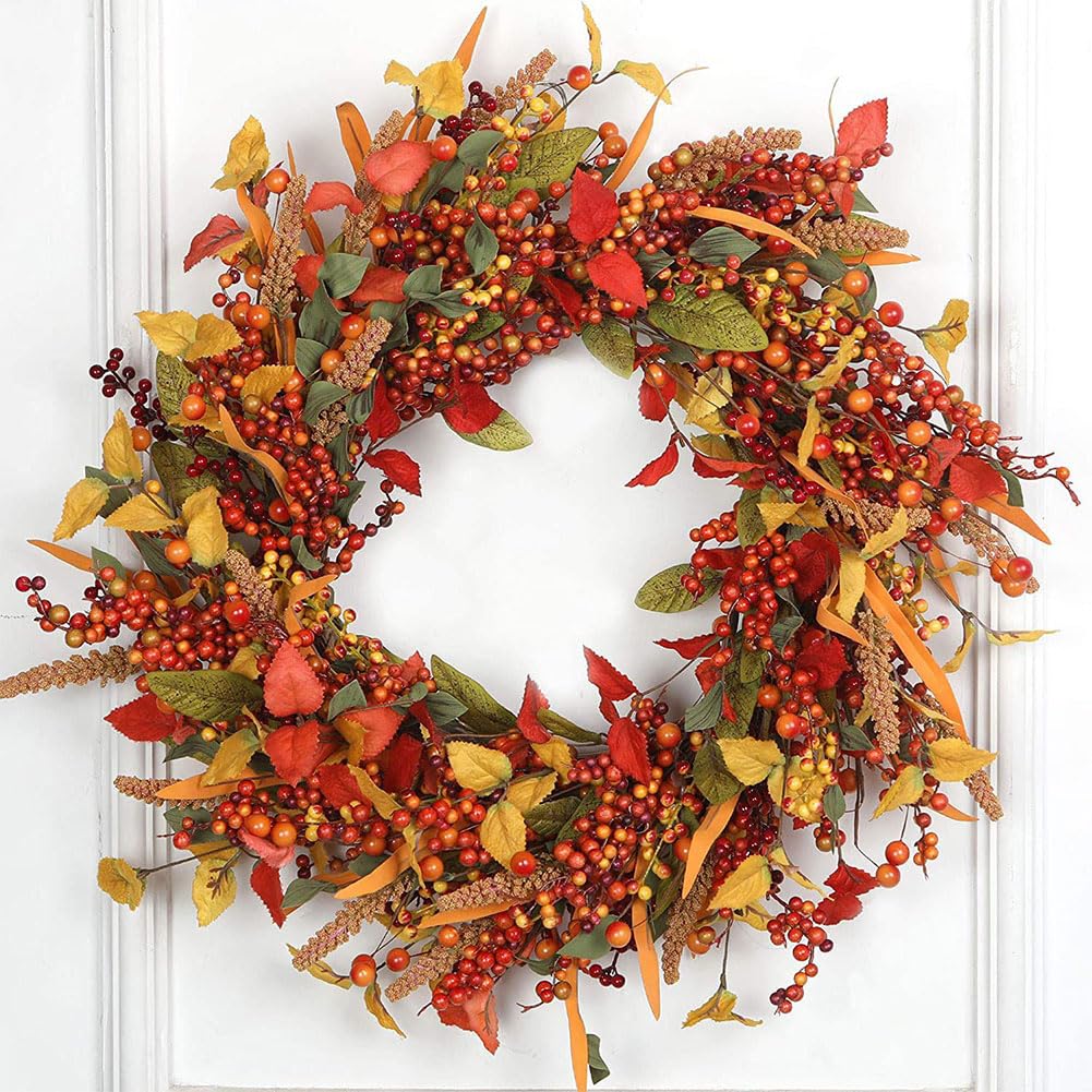 Ochine Fall Wreath Autumn Wreath Fall Decor, Pumpkin Wreath Fall Leaves Artificial Autumn Harvest Wreath with Cape Gooseberries and Berries Fall Decoration for Front Door Wall Window Home Decor