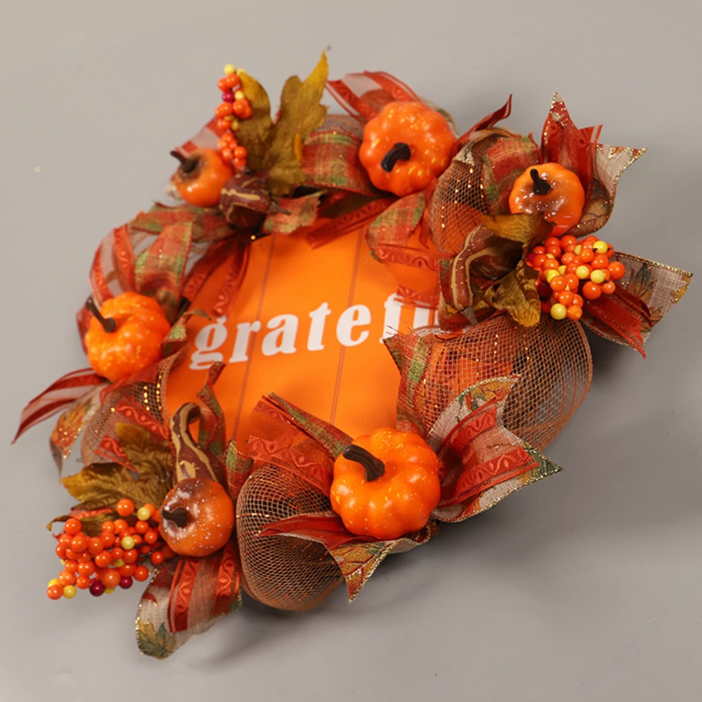 Ochine Fall Wreath Autumn Wreath Fall Decor, Pumpkin Wreath Fall Leaves Artificial Autumn Harvest Wreath with Cape Gooseberries and Berries Fall Decoration for Front Door Wall Window Home Decor