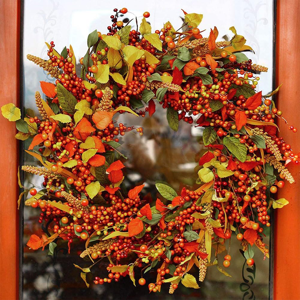 Ochine Fall Wreath Autumn Wreath Fall Decor, Pumpkin Wreath Fall Leaves Artificial Autumn Harvest Wreath with Cape Gooseberries and Berries Fall Decoration for Front Door Wall Window Home Decor