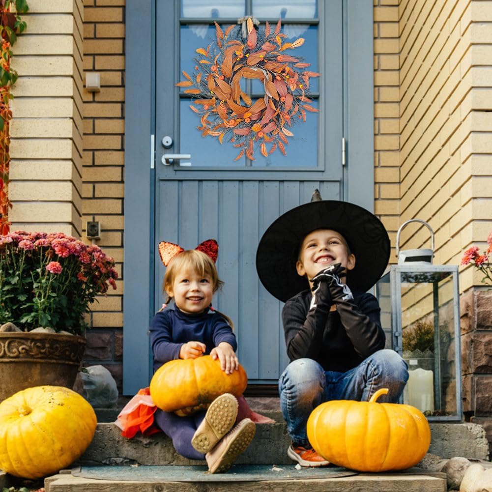 Small Pumpkin Wreath Front Door Wreath Withered Leaf Wreath Decoration Simulated Leaf Vine Pumpkin Wreath for Autumn Thanksgiving Harvest Courtyard Door Wall Tree Hanging Ornament, 16.93in