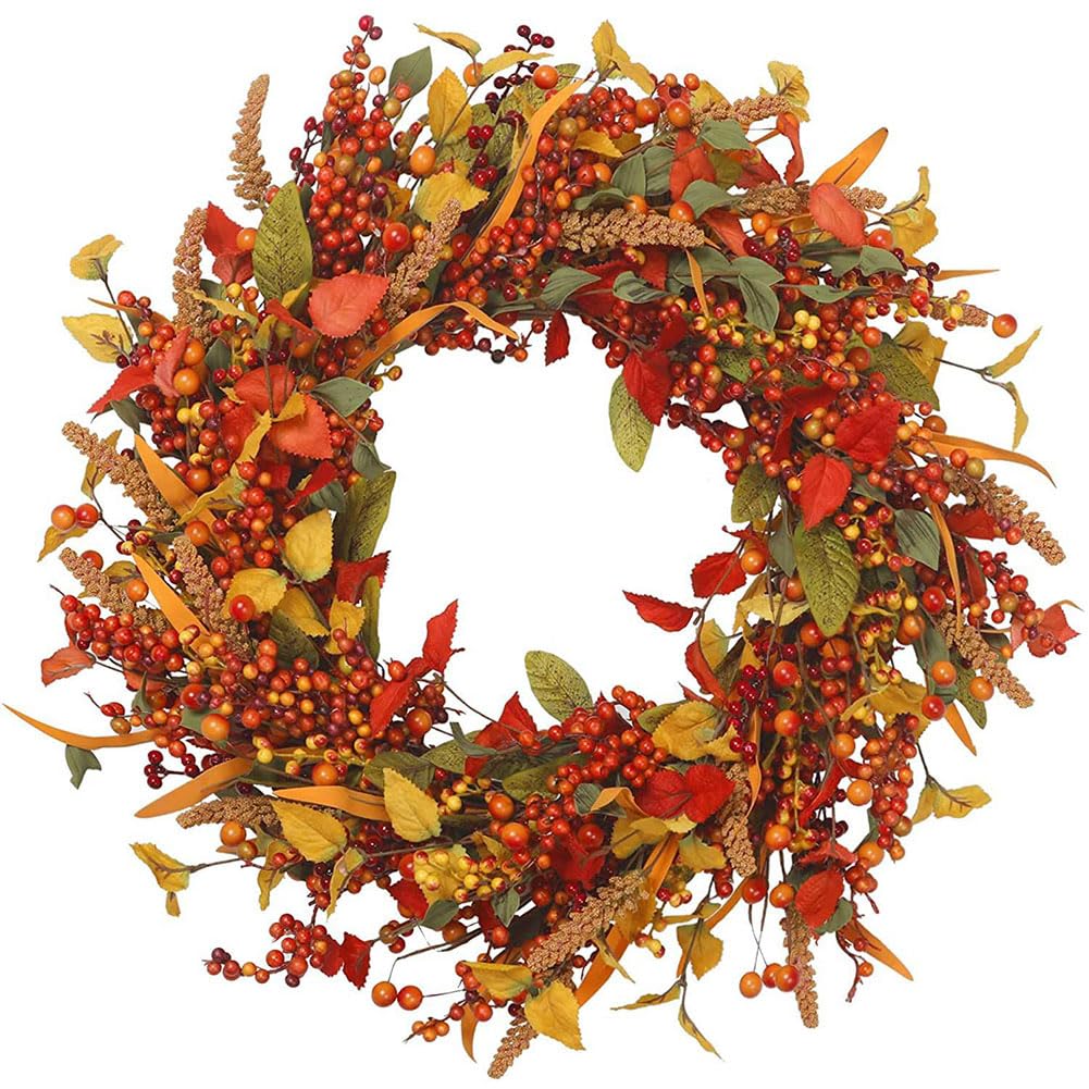 Ochine Fall Wreath Autumn Wreath Fall Decor, Pumpkin Wreath Fall Leaves Artificial Autumn Harvest Wreath with Cape Gooseberries and Berries Fall Decoration for Front Door Wall Window Home Decor