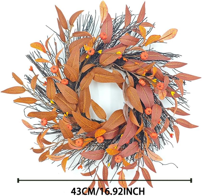 Small Pumpkin Wreath Front Door Wreath Withered Leaf Wreath Decoration Simulated Leaf Vine Pumpkin Wreath for Autumn Thanksgiving Harvest Courtyard Door Wall Tree Hanging Ornament, 16.93in