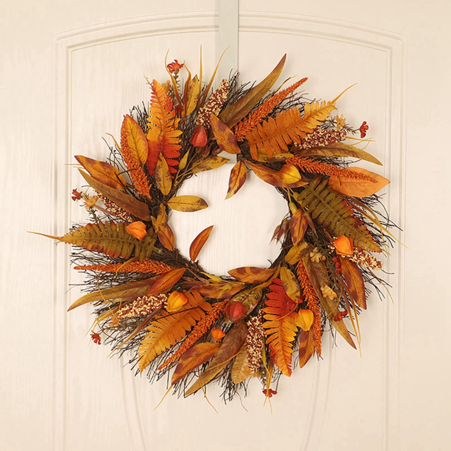 Ochine Fall Wreath Autumn Wreath Fall Decor, Pumpkin Wreath Fall Leaves Artificial Autumn Harvest Wreath with Cape Gooseberries and Berries Fall Decoration for Front Door Wall Window Home Decor