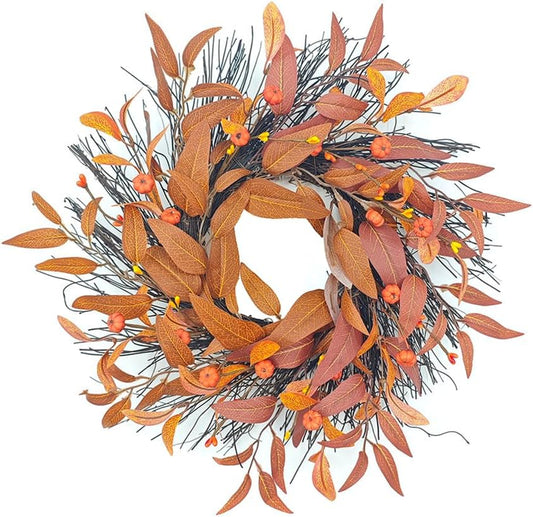 Small Pumpkin Wreath Front Door Wreath Withered Leaf Wreath Decoration Simulated Leaf Vine Pumpkin Wreath for Autumn Thanksgiving Harvest Courtyard Door Wall Tree Hanging Ornament, 16.93in