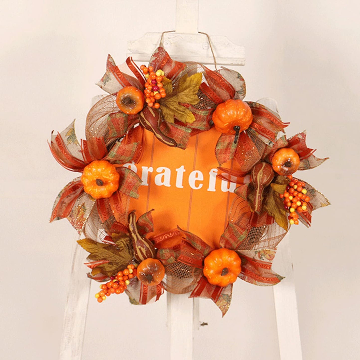 Ochine Fall Wreath Autumn Wreath Fall Decor, Pumpkin Wreath Fall Leaves Artificial Autumn Harvest Wreath with Cape Gooseberries and Berries Fall Decoration for Front Door Wall Window Home Decor