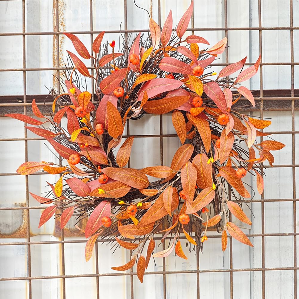 Small Pumpkin Wreath Front Door Wreath Withered Leaf Wreath Decoration Simulated Leaf Vine Pumpkin Wreath for Autumn Thanksgiving Harvest Courtyard Door Wall Tree Hanging Ornament, 16.93in