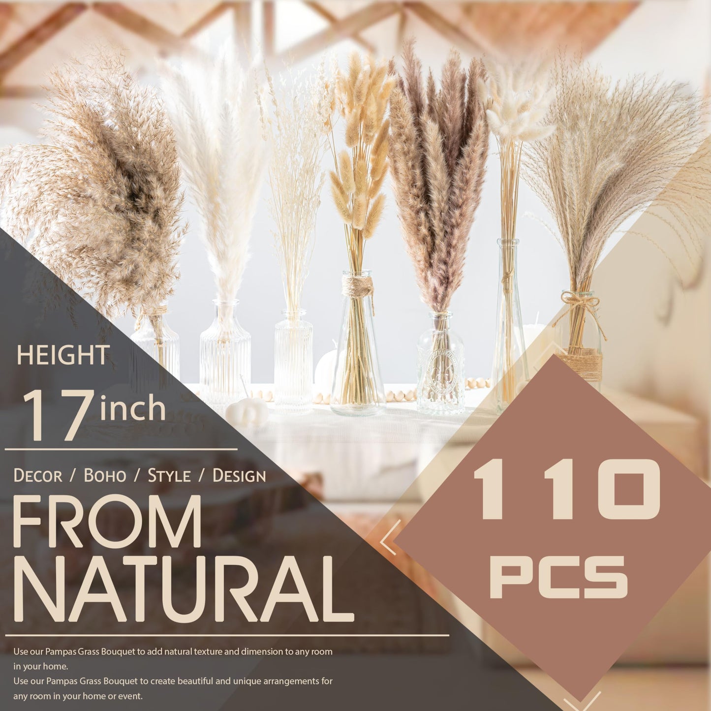 96PCS Natural Dried Pampas Grass Boho Home Decor Bouquet Phragmites Dried Flowers Bouquet for Wedding Floral Arrangements Home Decorations (96PCS)