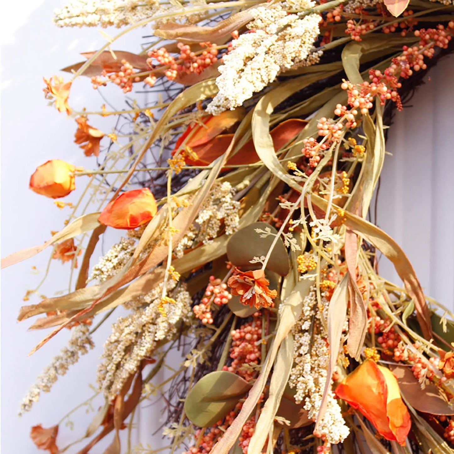 Ochine Fall Wreath Autumn Wreath Fall Decor, Pumpkin Wreath Fall Leaves Artificial Autumn Harvest Wreath with Cape Gooseberries and Berries Fall Decoration for Front Door Wall Window Home Decor