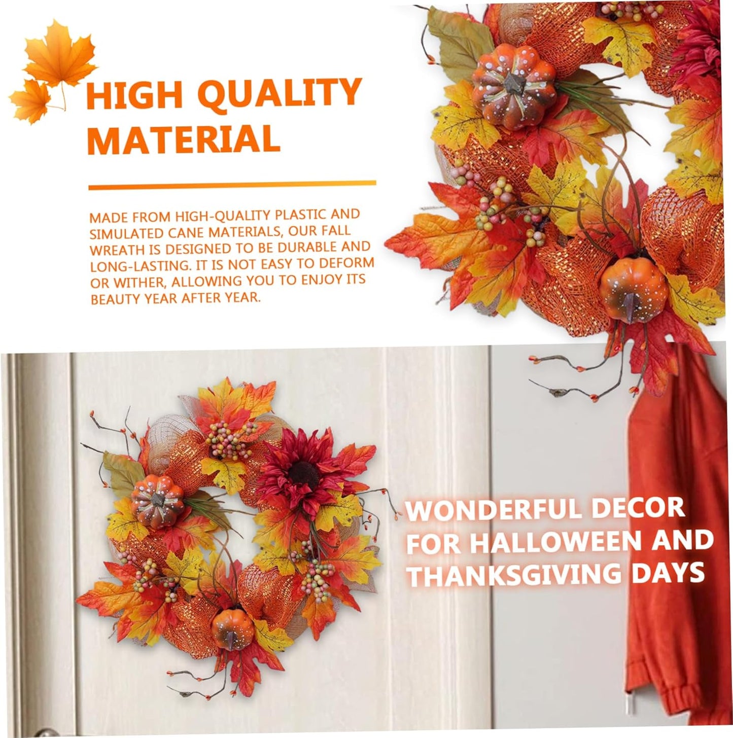 Pumpkin Wreath 16In Artificial Halloween Wreath Realistic Fall Wreath with Maple Leaf & Flower Round Hanging Door Wreath for Harvest, Thanksgiving,Pumpkin Wreath,Halloween Wreath