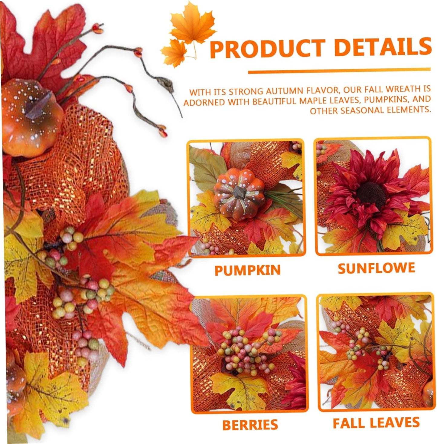 Pumpkin Wreath 16In Artificial Halloween Wreath Realistic Fall Wreath with Maple Leaf & Flower Round Hanging Door Wreath for Harvest, Thanksgiving,Pumpkin Wreath,Halloween Wreath