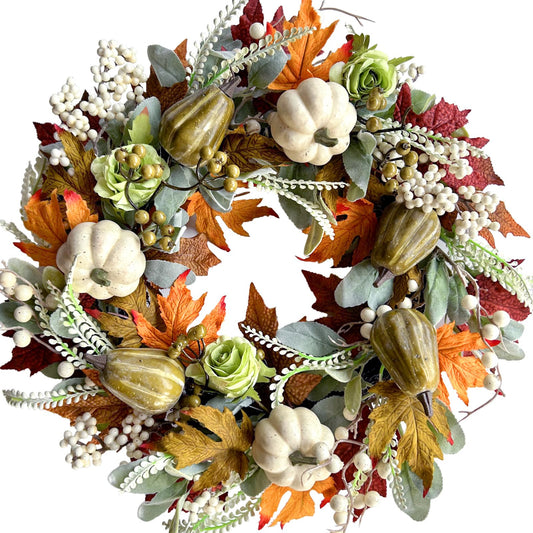 Fall Pumpkins Wreath for Front Door,22 Inch Farmhouse Autumn Wreath with Maple Leaf Green Rose Pumpkins and Berries,White Artificial Pumpkins Wreath,Thanksgiving Wreaths for Indoors,Corridors,Decor.