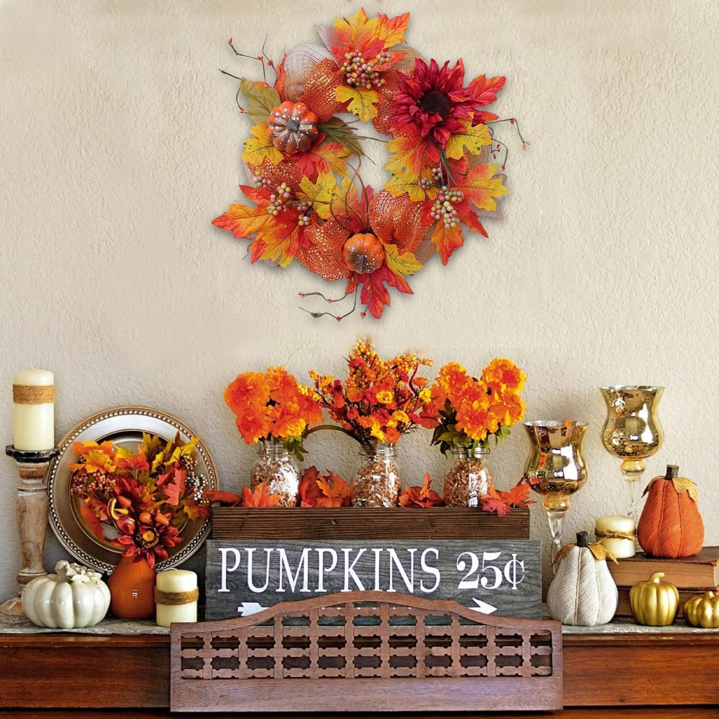 Pumpkin Wreath 16In Artificial Halloween Wreath Realistic Fall Wreath with Maple Leaf & Flower Round Hanging Door Wreath for Harvest, Thanksgiving,Pumpkin Wreath,Halloween Wreath