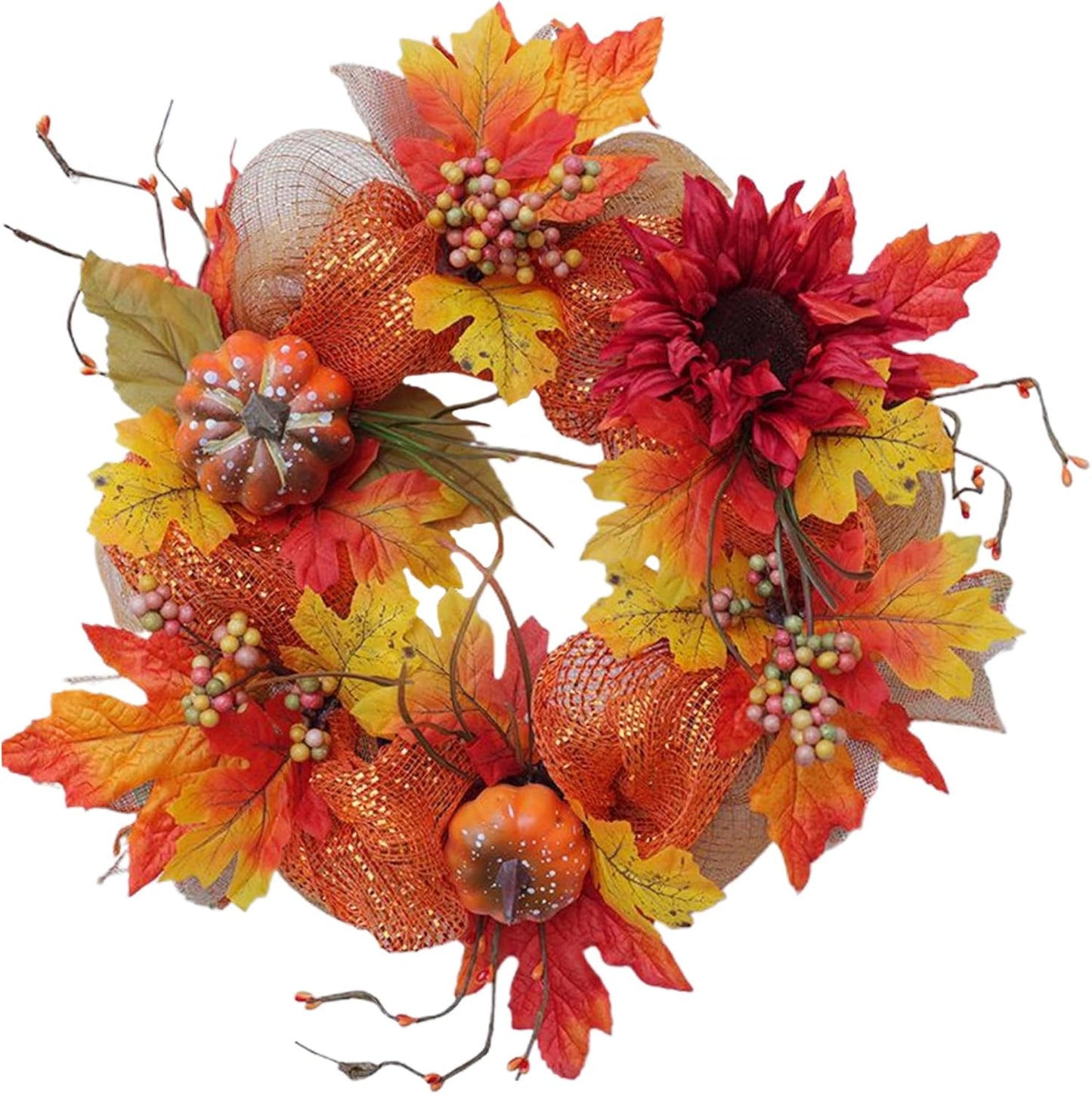 Pumpkin Wreath 16In Artificial Halloween Wreath Realistic Fall Wreath with Maple Leaf & Flower Round Hanging Door Wreath for Harvest, Thanksgiving,Pumpkin Wreath,Halloween Wreath