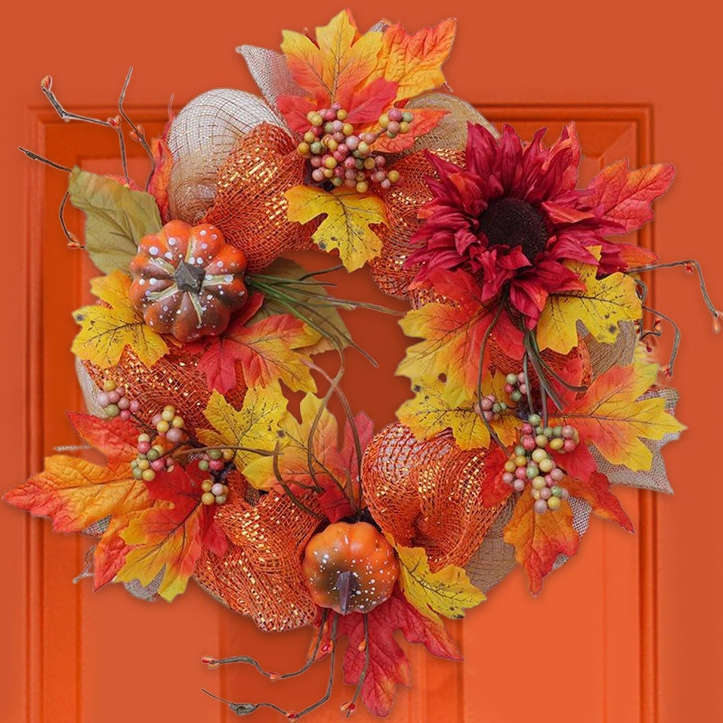 Pumpkin Wreath 16In Artificial Halloween Wreath Realistic Fall Wreath with Maple Leaf & Flower Round Hanging Door Wreath for Harvest, Thanksgiving,Pumpkin Wreath,Halloween Wreath