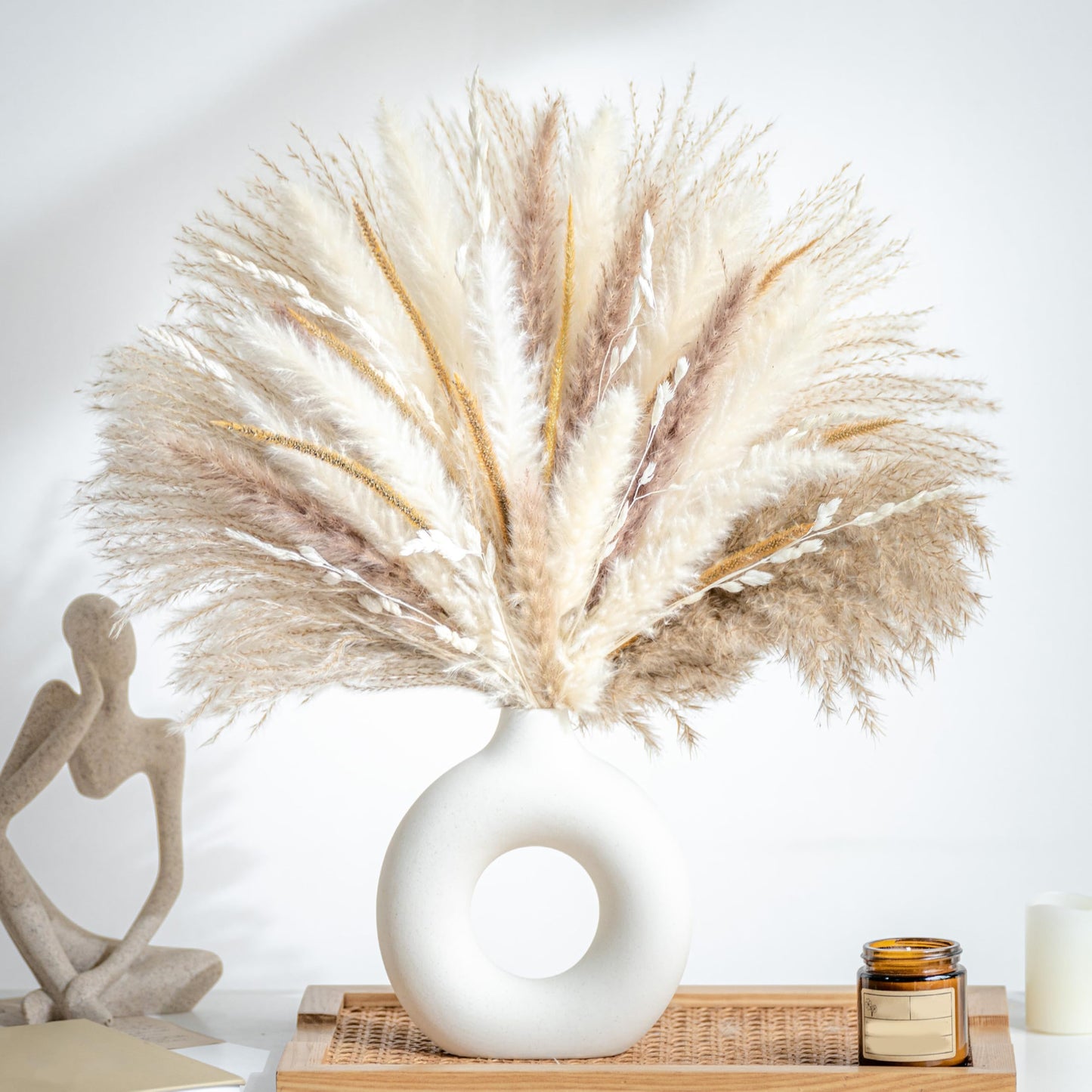 96PCS Natural Dried Pampas Grass Boho Home Decor Bouquet Phragmites Dried Flowers Bouquet for Wedding Floral Arrangements Home Decorations (96PCS)