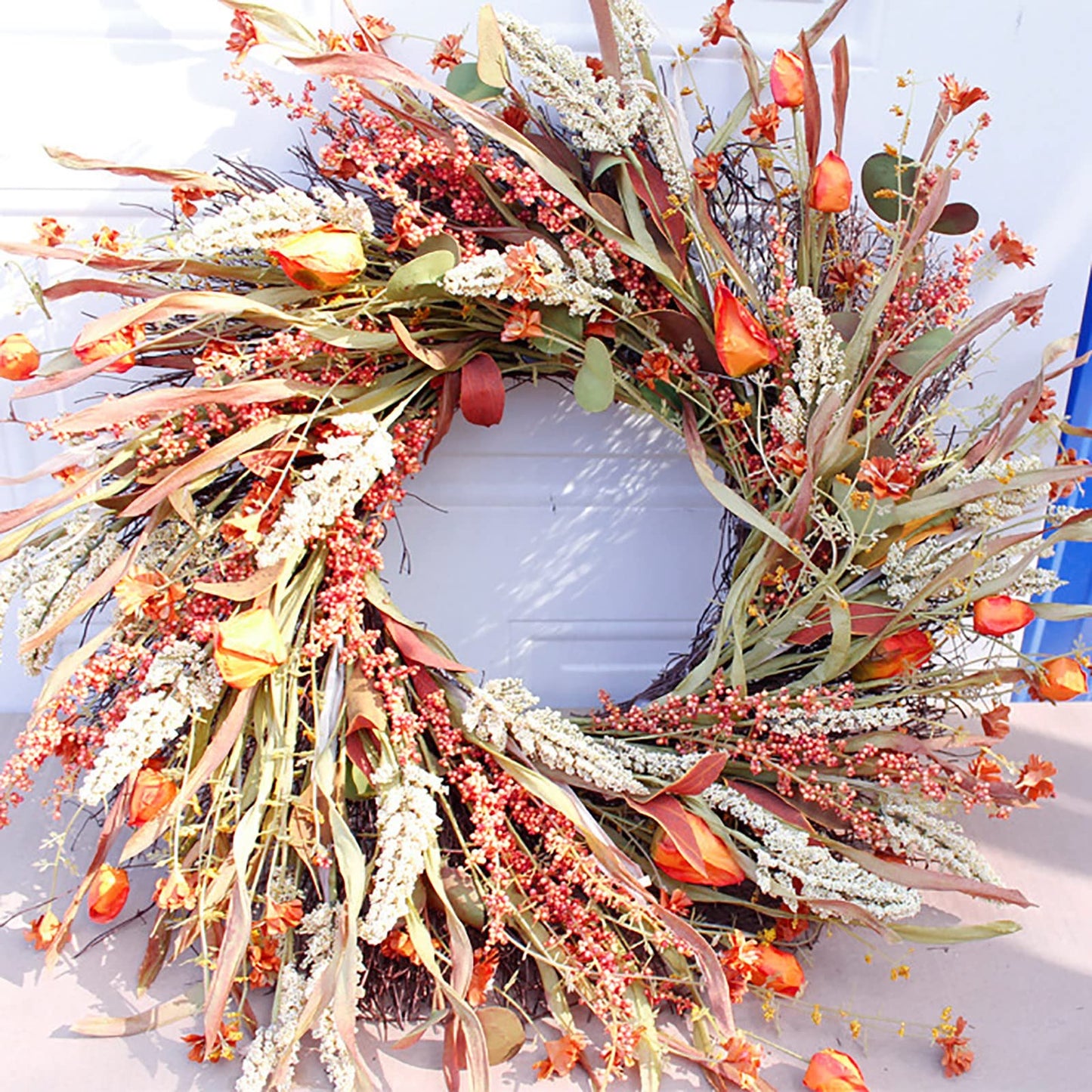 Ochine Fall Wreath Autumn Wreath Fall Decor, Pumpkin Wreath Fall Leaves Artificial Autumn Harvest Wreath with Cape Gooseberries and Berries Fall Decoration for Front Door Wall Window Home Decor