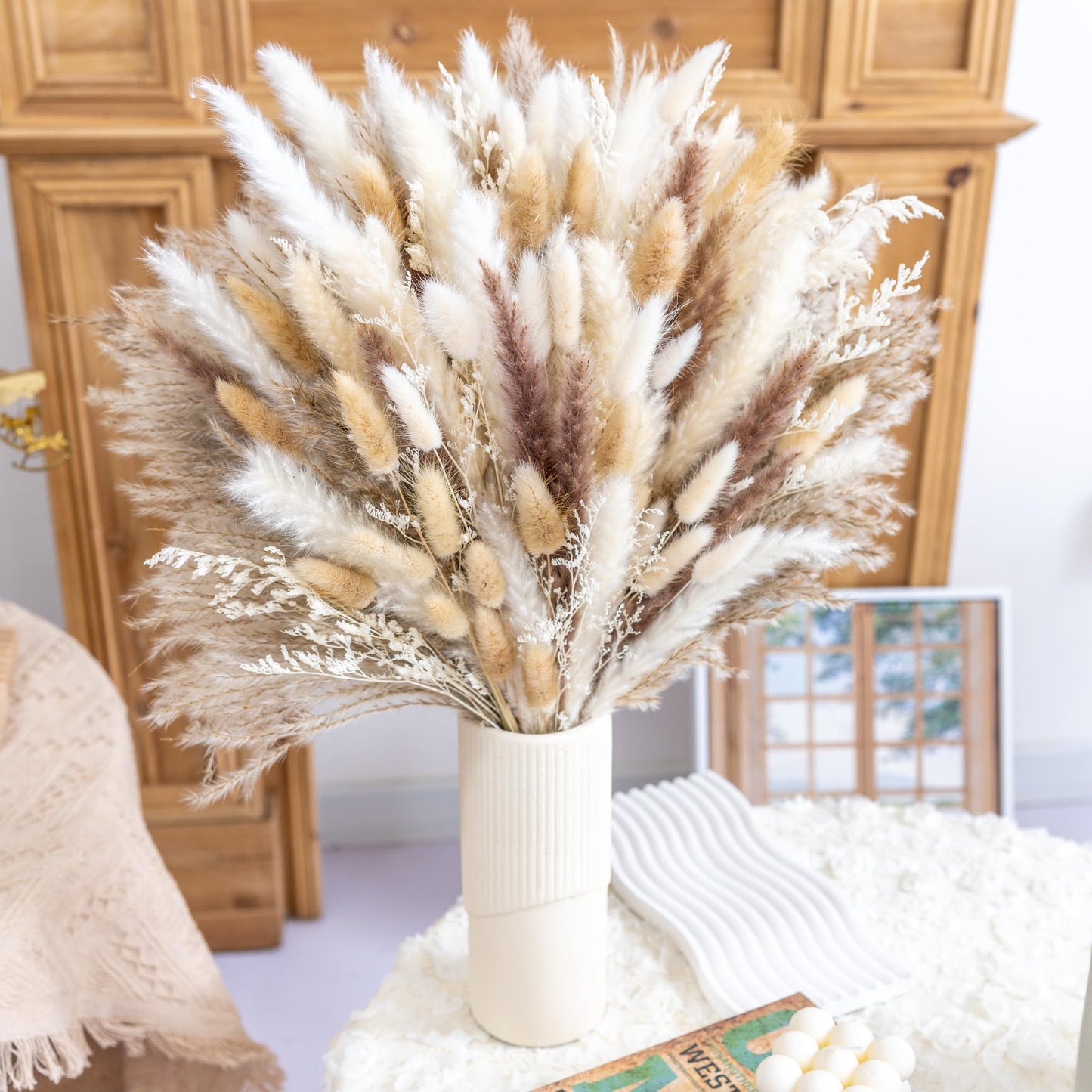 96PCS Natural Dried Pampas Grass Boho Home Decor Bouquet Phragmites Dried Flowers Bouquet for Wedding Floral Arrangements Home Decorations (96PCS)