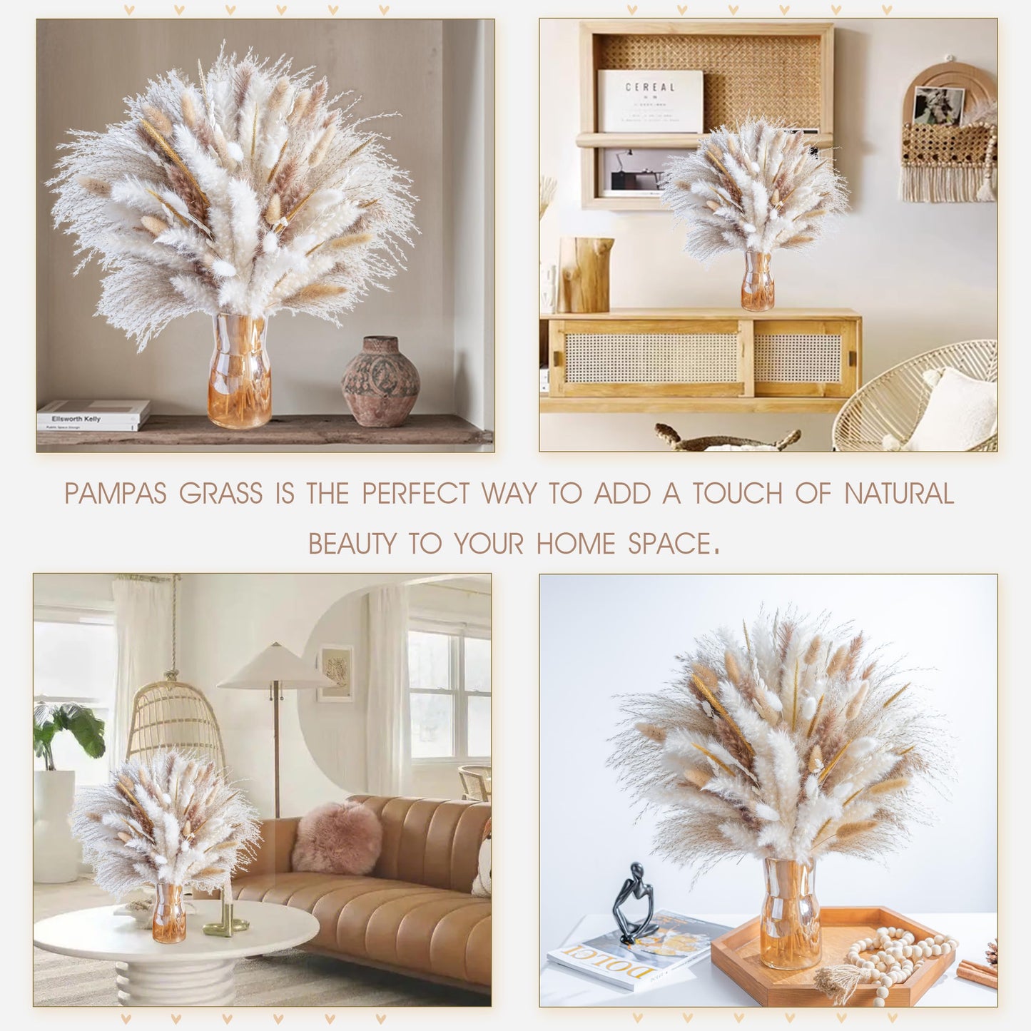 96PCS Natural Dried Pampas Grass Boho Home Decor Bouquet Phragmites Dried Flowers Bouquet for Wedding Floral Arrangements Home Decorations (96PCS)