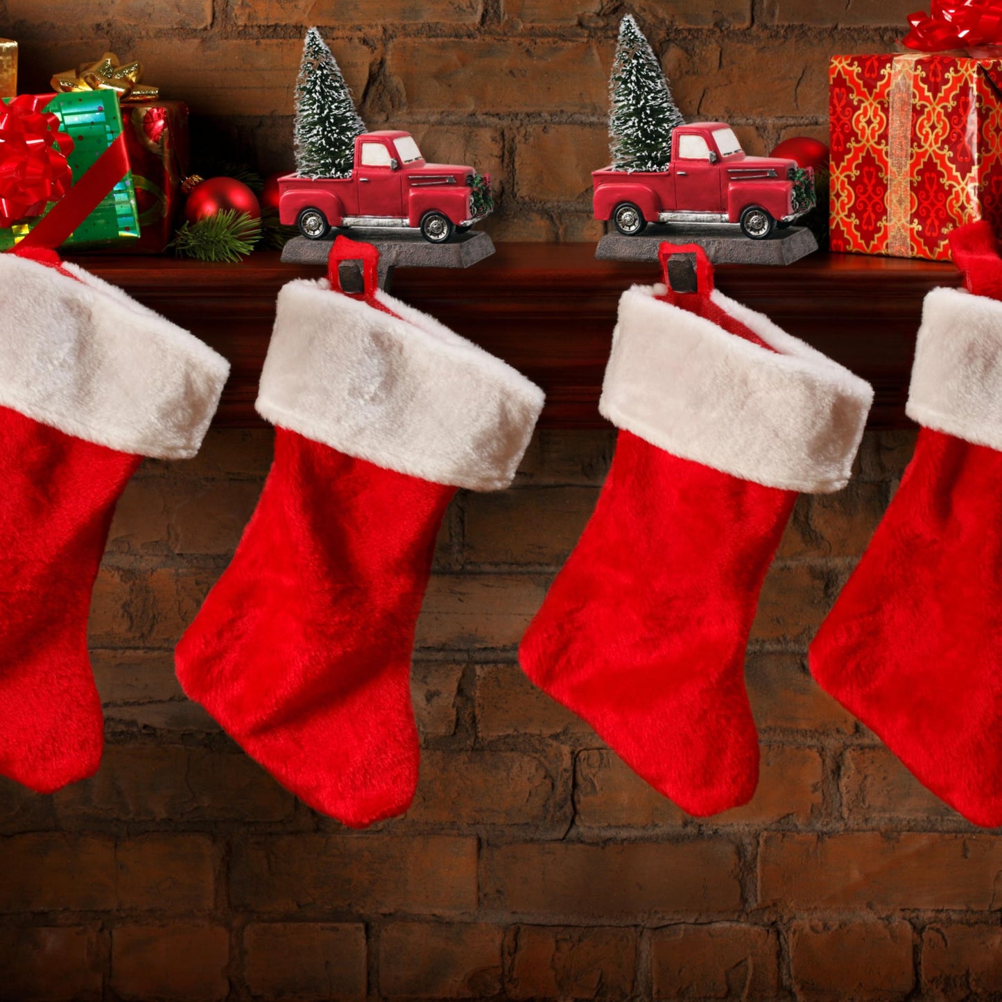 Sullivans Little Red Truck Holding a Christmas Tree Stocking Holders for Mantel, Christmas Stocking Holder for Fireplace, Stocking Hooks for Fireplace Stocking Holders for Holiday Decoration