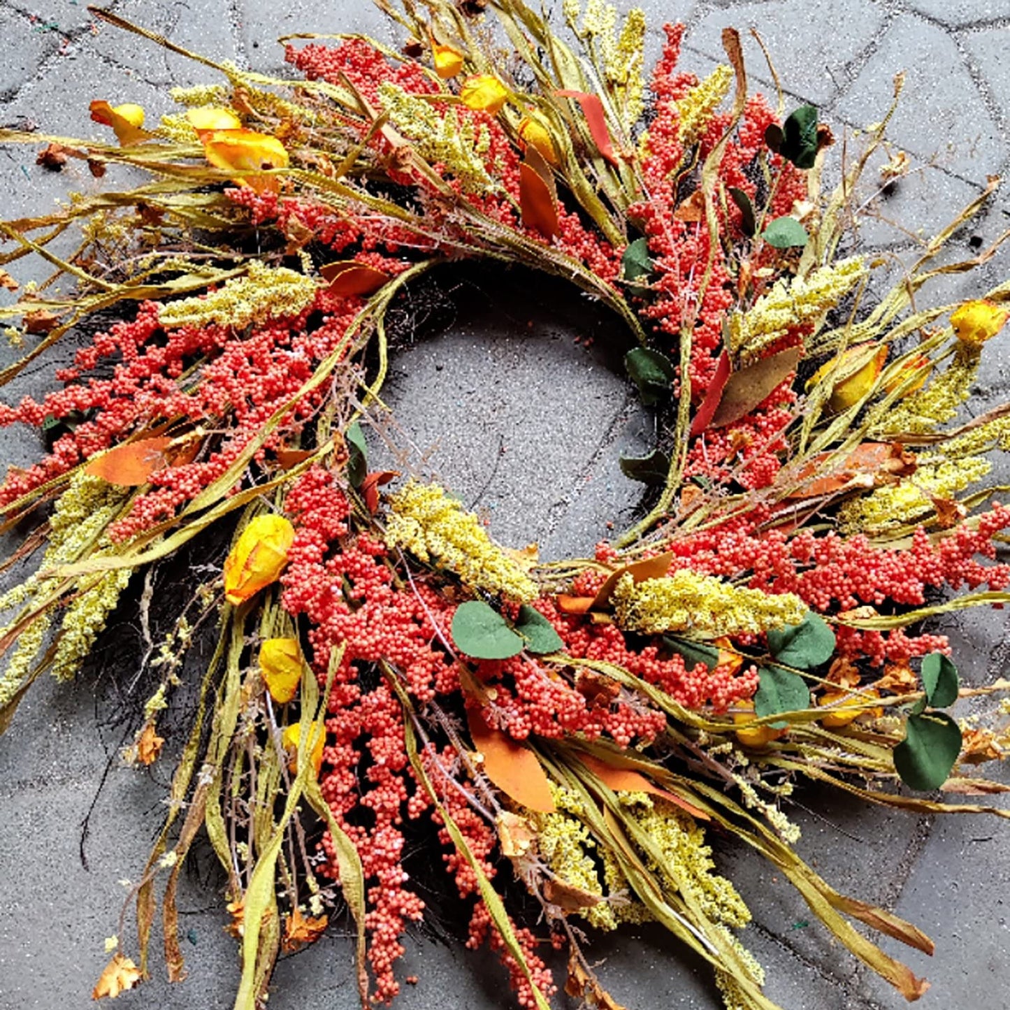 Ochine Fall Wreath Autumn Wreath Fall Decor, Pumpkin Wreath Fall Leaves Artificial Autumn Harvest Wreath with Cape Gooseberries and Berries Fall Decoration for Front Door Wall Window Home Decor