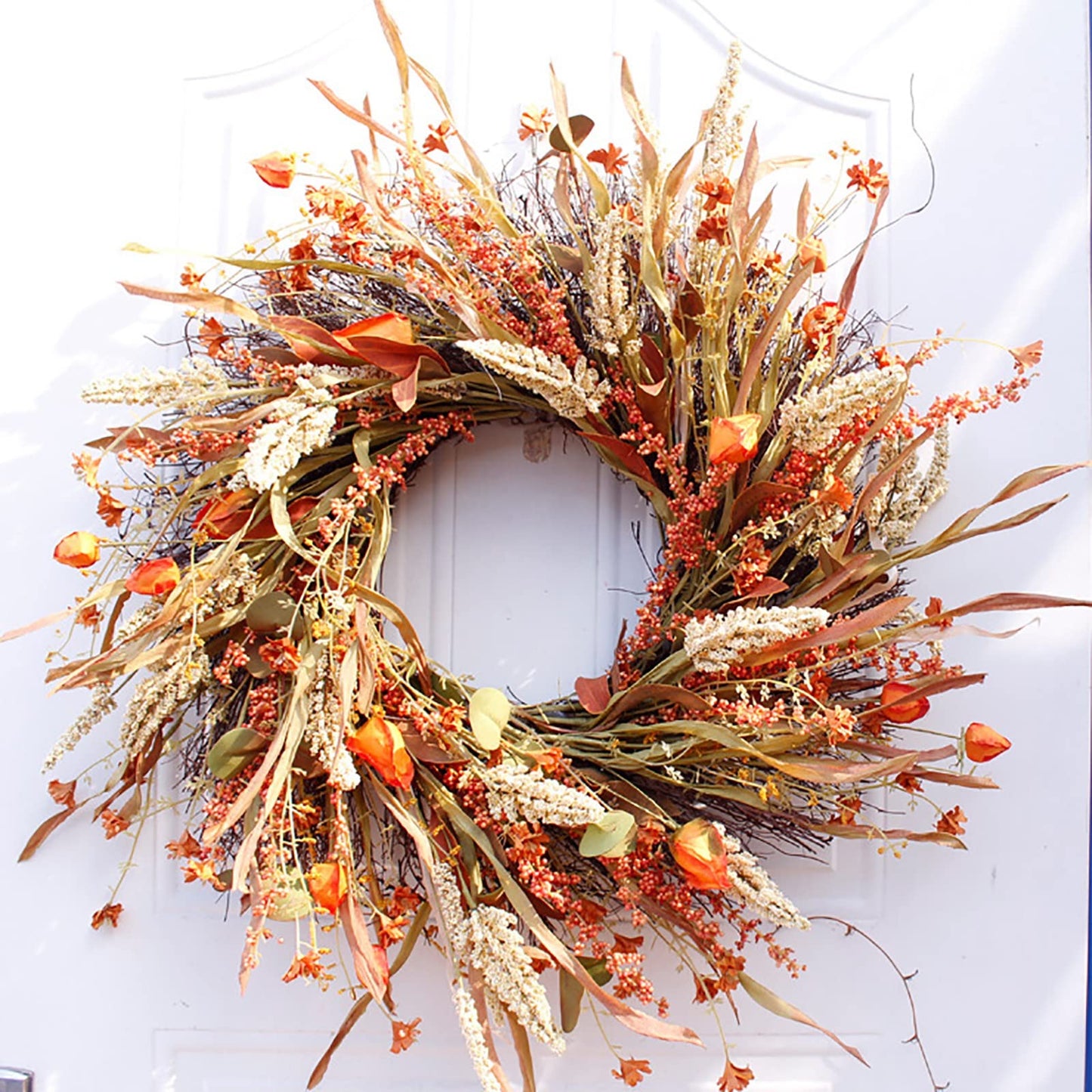 Ochine Fall Wreath Autumn Wreath Fall Decor, Pumpkin Wreath Fall Leaves Artificial Autumn Harvest Wreath with Cape Gooseberries and Berries Fall Decoration for Front Door Wall Window Home Decor