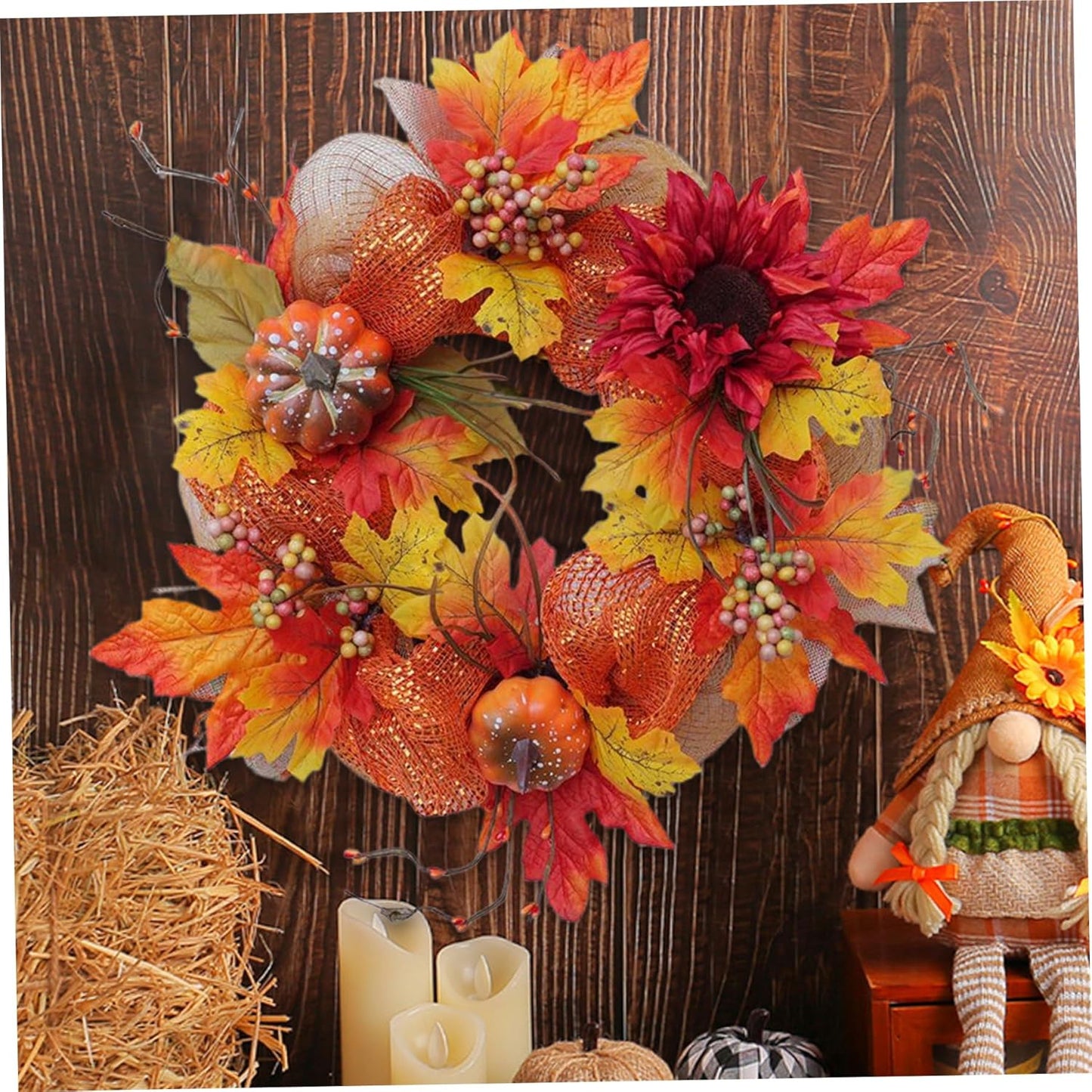 Pumpkin Wreath 16In Artificial Halloween Wreath Realistic Fall Wreath with Maple Leaf & Flower Round Hanging Door Wreath for Harvest, Thanksgiving,Pumpkin Wreath,Halloween Wreath