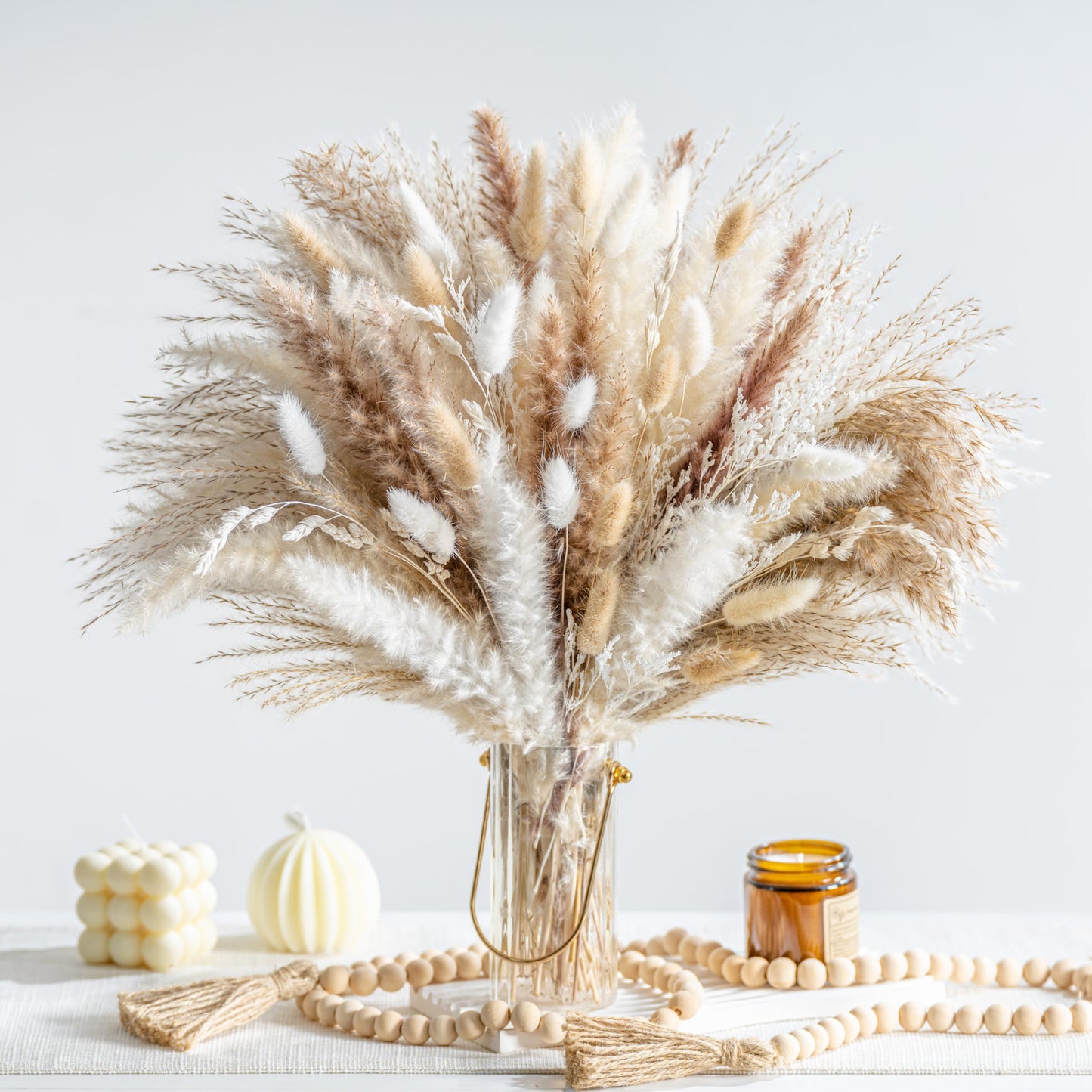 96PCS Natural Dried Pampas Grass Boho Home Decor Bouquet Phragmites Dried Flowers Bouquet for Wedding Floral Arrangements Home Decorations (96PCS)