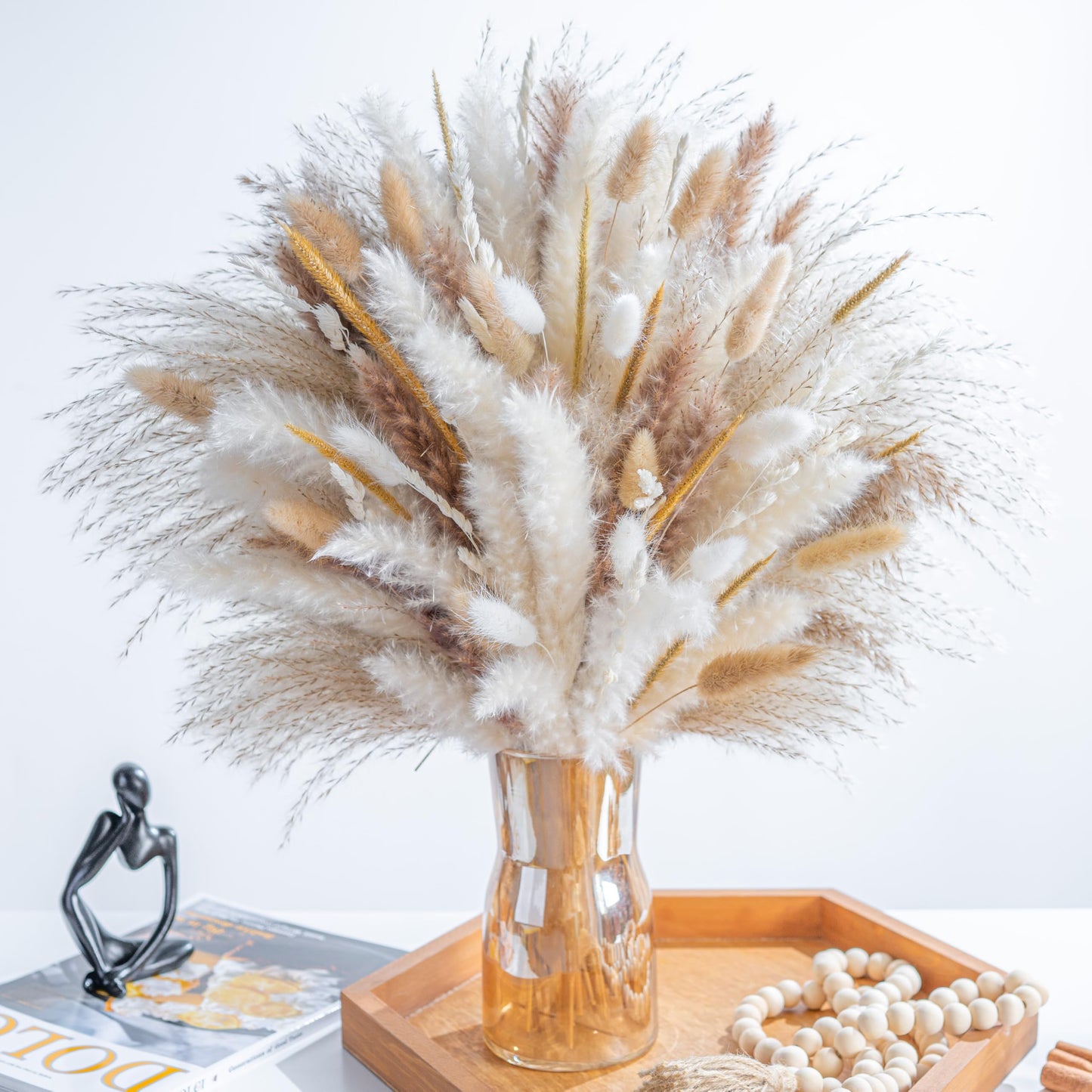 96PCS Natural Dried Pampas Grass Boho Home Decor Bouquet Phragmites Dried Flowers Bouquet for Wedding Floral Arrangements Home Decorations (96PCS)