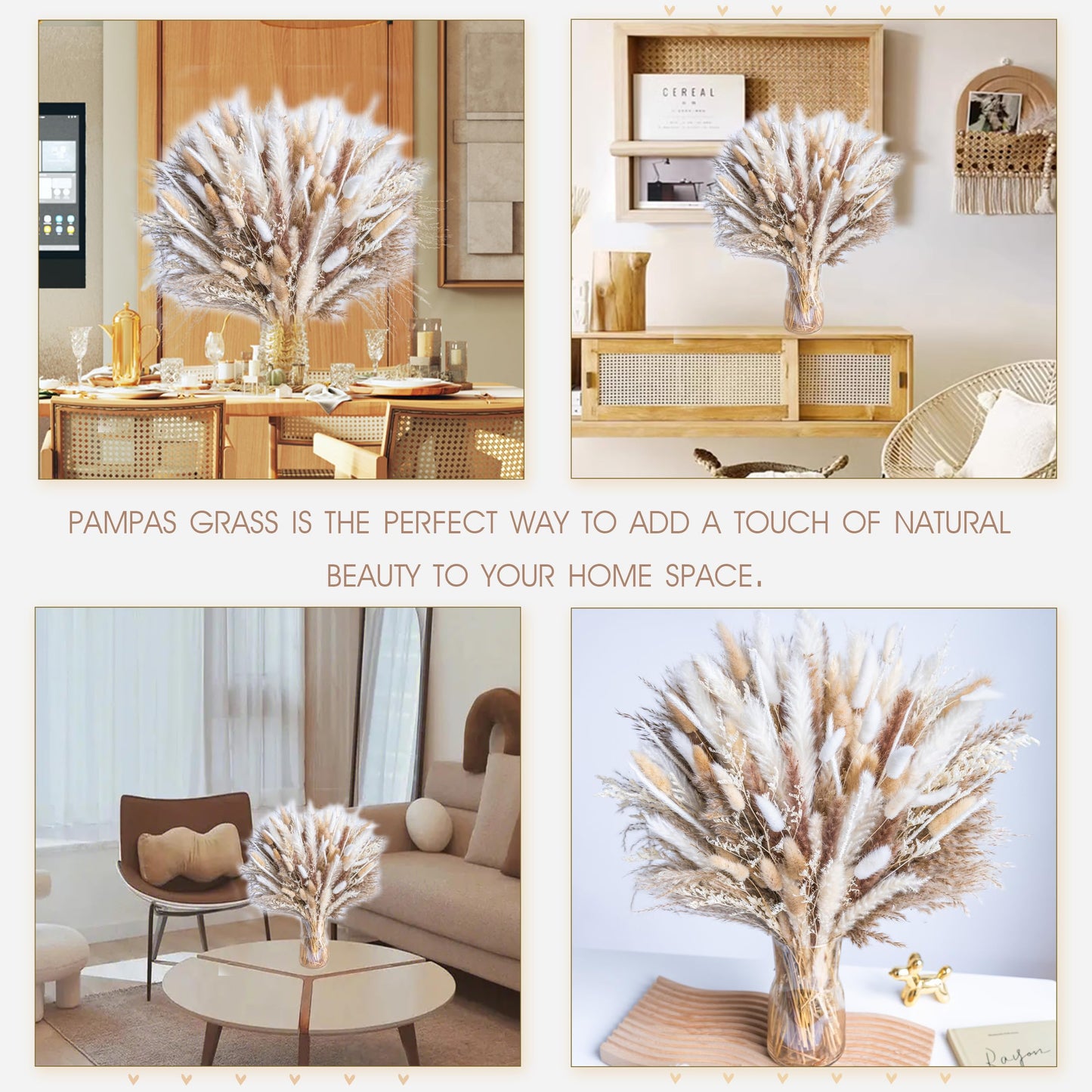 96PCS Natural Dried Pampas Grass Boho Home Decor Bouquet Phragmites Dried Flowers Bouquet for Wedding Floral Arrangements Home Decorations (96PCS)