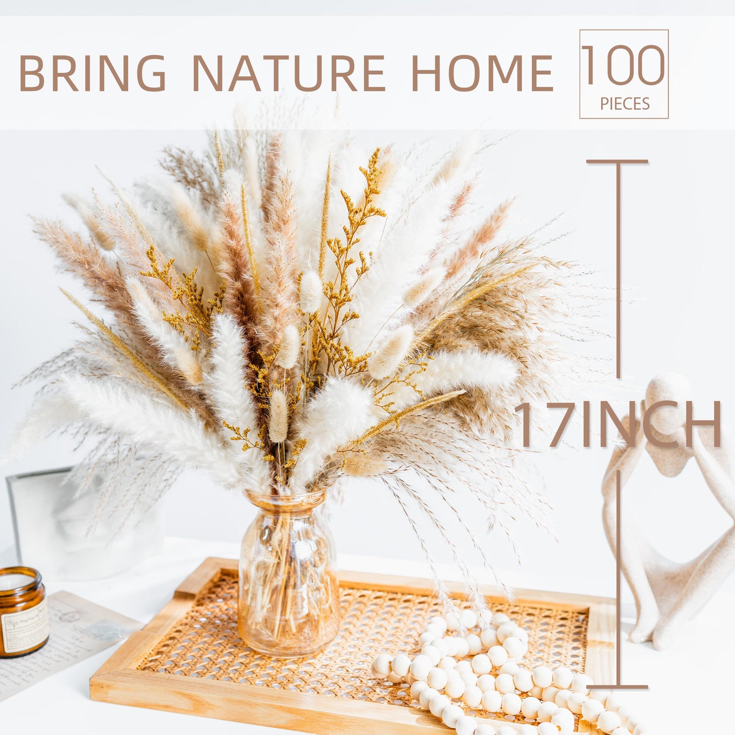 96PCS Natural Dried Pampas Grass Boho Home Decor Bouquet Phragmites Dried Flowers Bouquet for Wedding Floral Arrangements Home Decorations (96PCS)