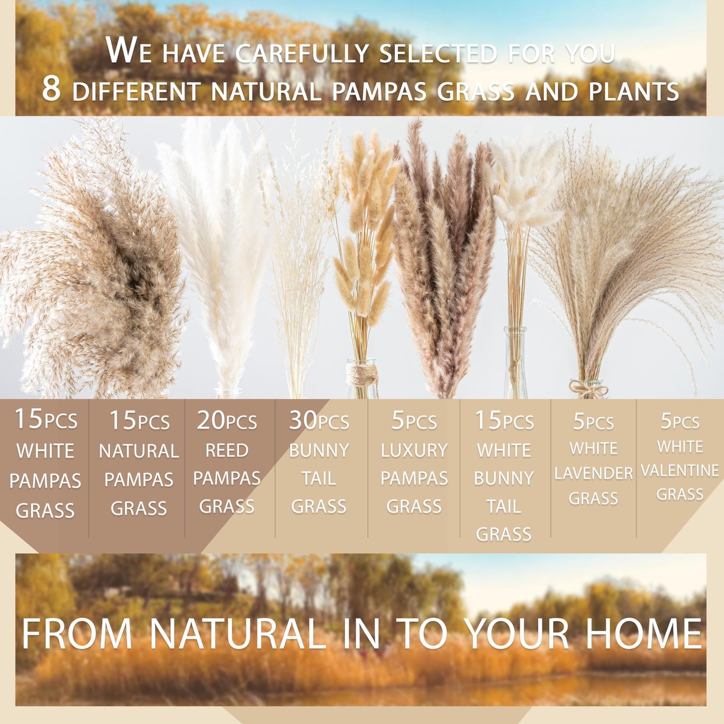 96PCS Natural Dried Pampas Grass Boho Home Decor Bouquet Phragmites Dried Flowers Bouquet for Wedding Floral Arrangements Home Decorations (96PCS)